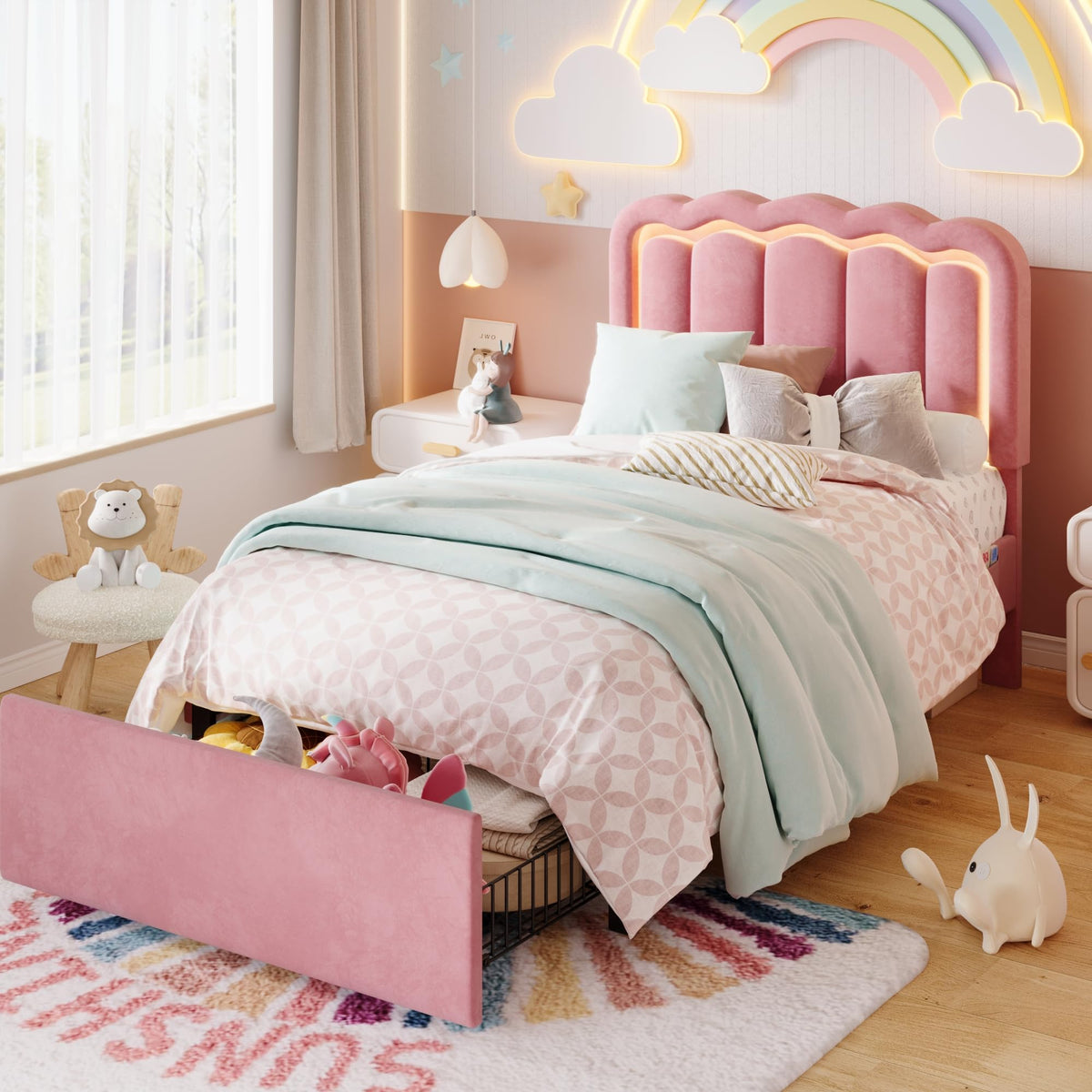 Twin Size Bed Frame with LED Lights and Storage Drawer K6914