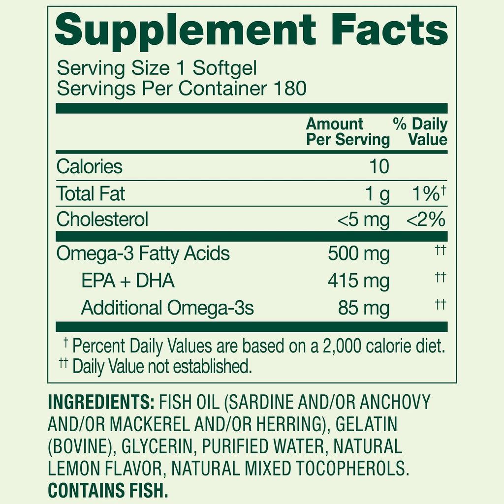 Omega-3 500 mg Fish Oil Softgels 180 Count Lemon Flavor Y933785