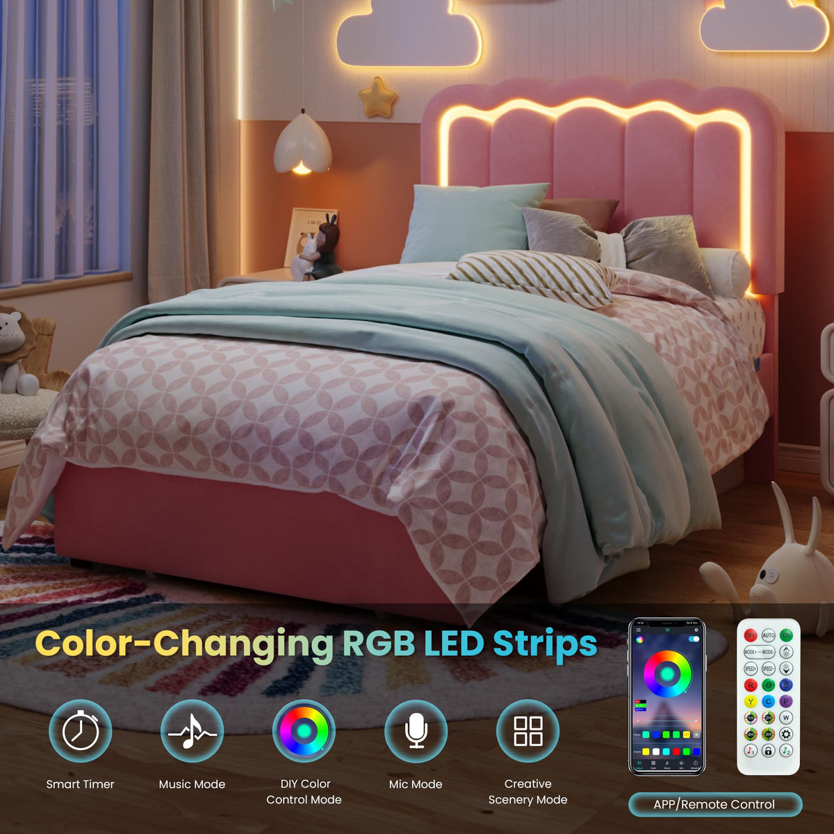 Twin Size Bed Frame with LED Lights and Storage Drawer K6914