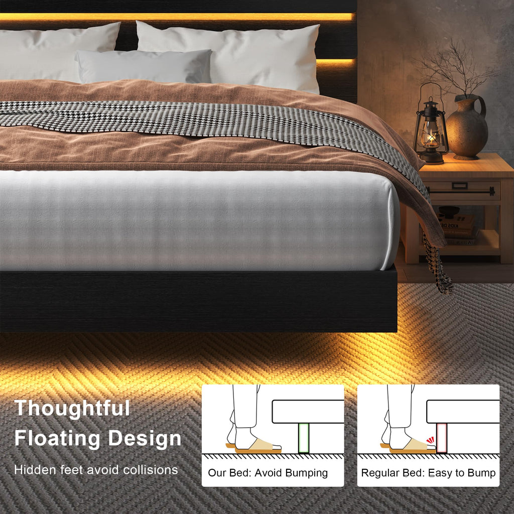 Black Queen Size Floating Bed Frame with Storage Headboard O634