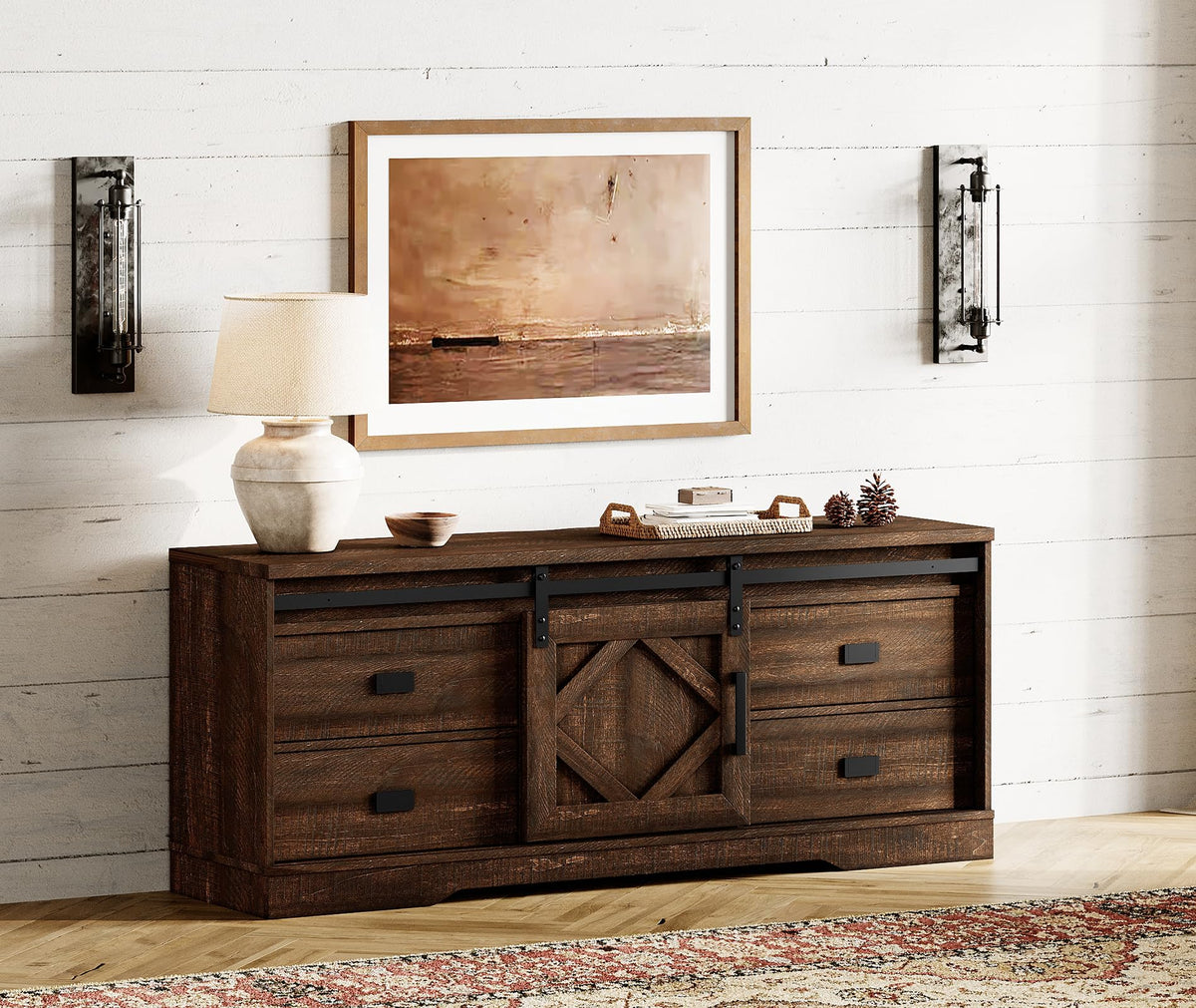 60 inch Farmhouse TV Stand with Drawers & Storage Cabinet E73812