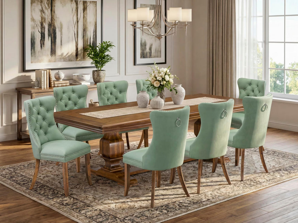 9 Piece Mid-century Dining Table Set with 8 Willow Green Polyester Chairs Y13153