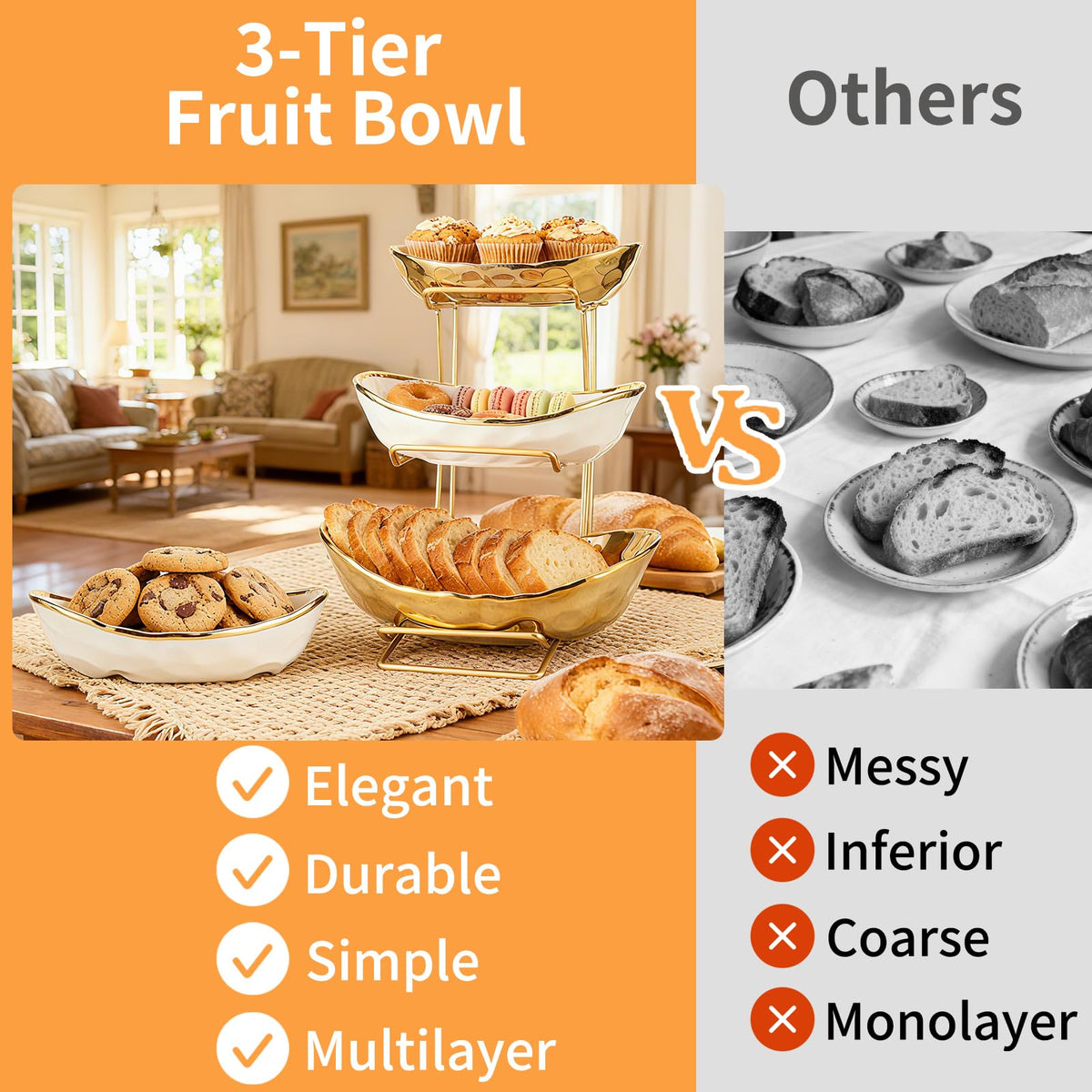 3 Tier Ceramic Fruit Bowl with Metal Rack L9240