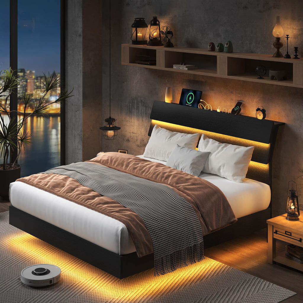 Black Queen Size Floating Bed Frame with Storage Headboard O634