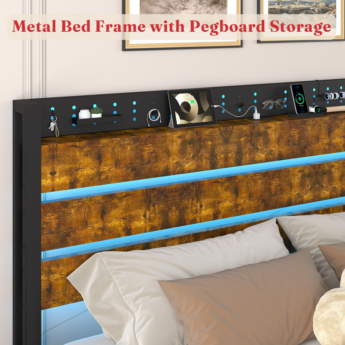 King Size Storage Bed Frame with 4 Drawers, Metal Bed Frame with Headboard Charging Station & Led Lights, Heavy Duty Platform Bedframe, No Box Spring Needed, Noise Free, Easy Assembly, Brown J852
