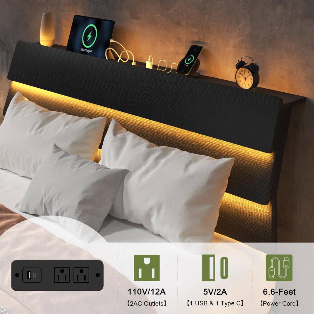 Black Queen Size Floating Bed Frame with Storage Headboard O634