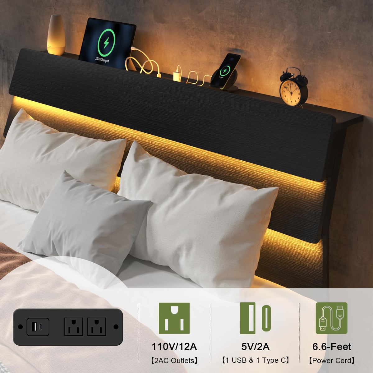 Black Queen Size Floating Bed Frame with Storage Headboard O634