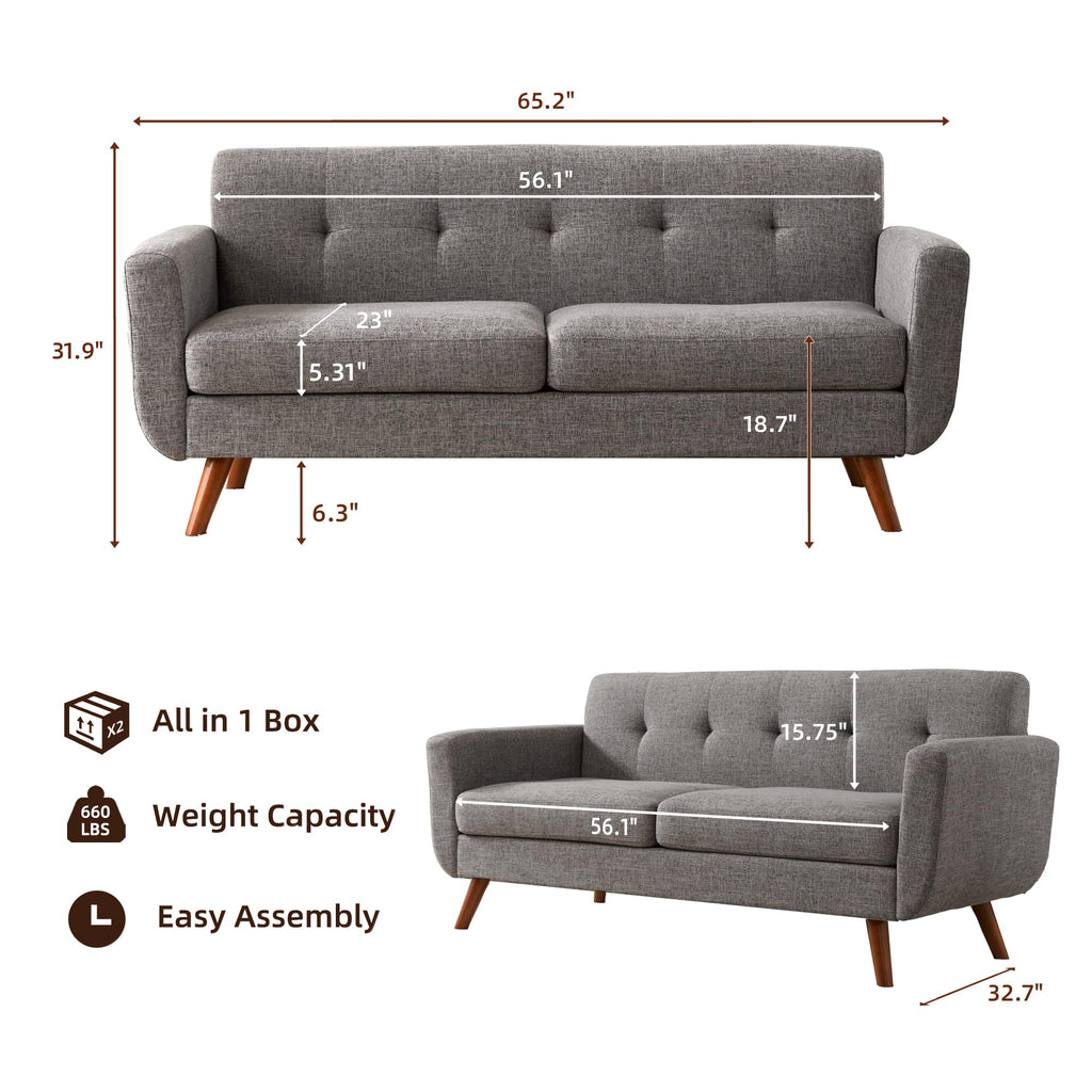 65" Grey Button Tufted Upholstered Loveseat Sofa T319
