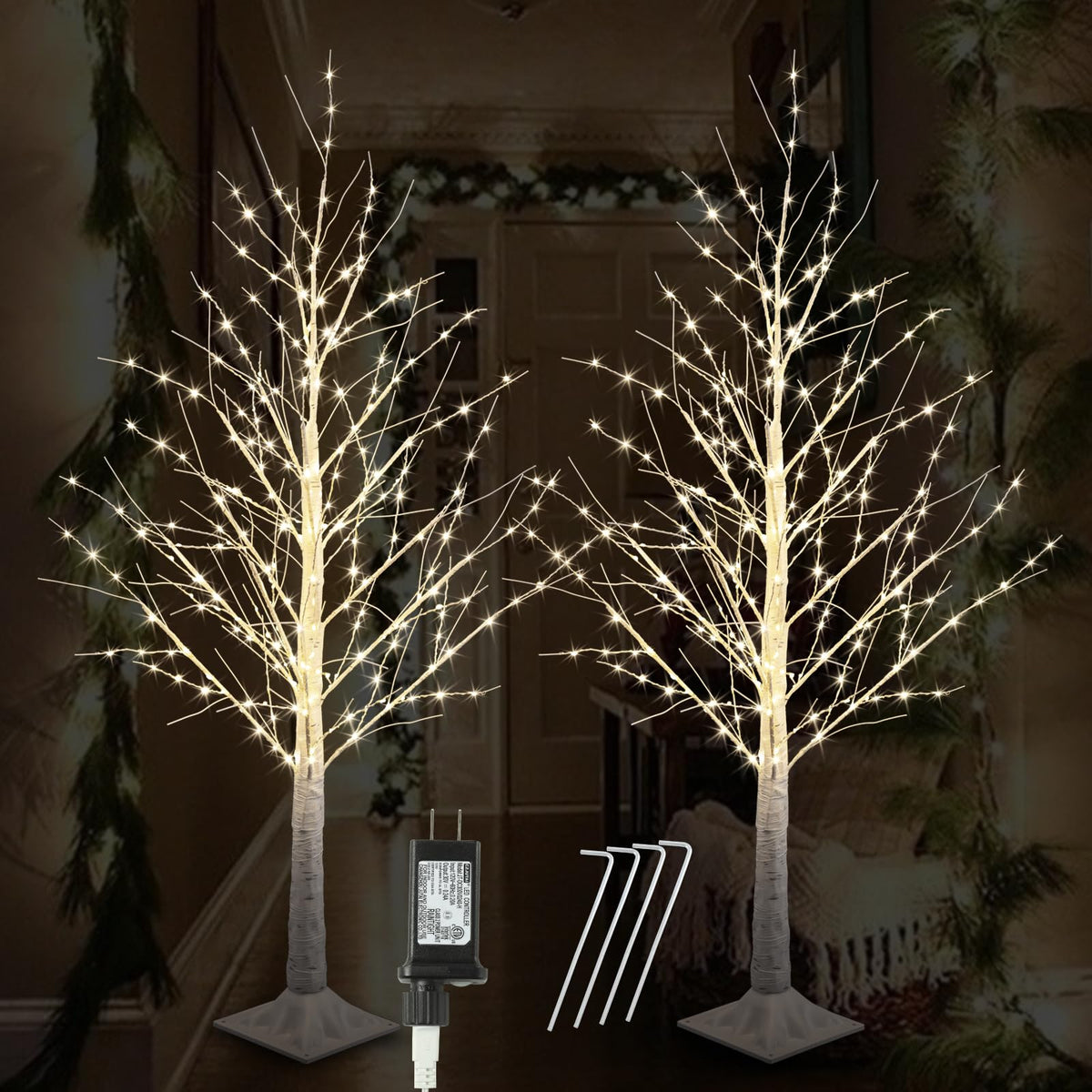 2 Pack 4FT Lighted Birch Tree 240 LED Warm Lights X22419