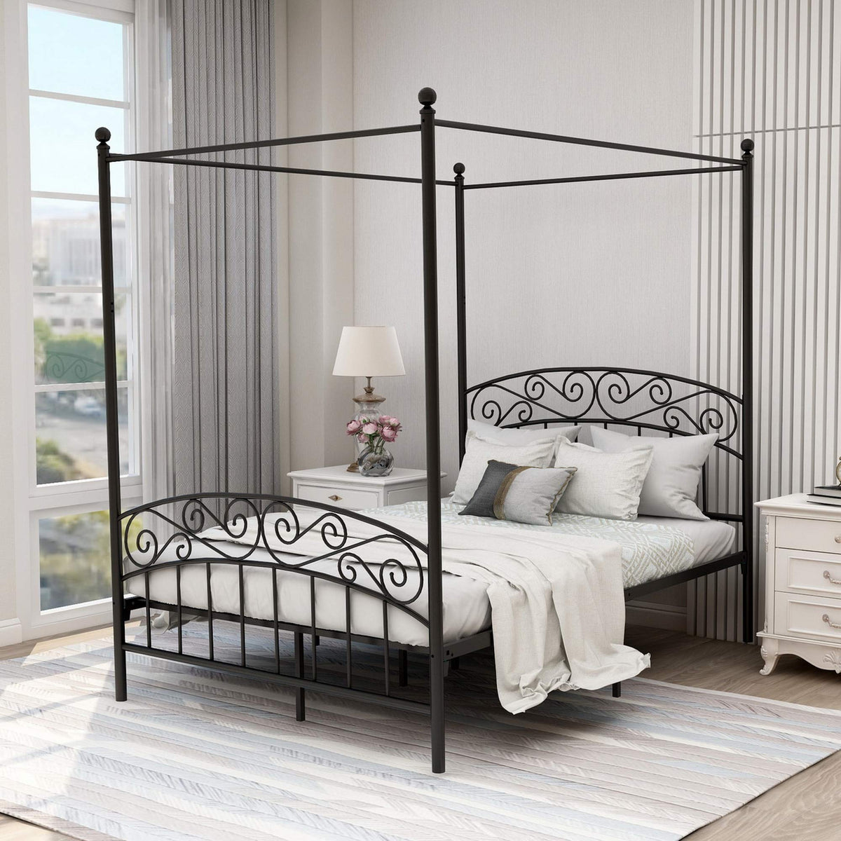Black Four-Poster Metal Canopy Bed Frame Z790100