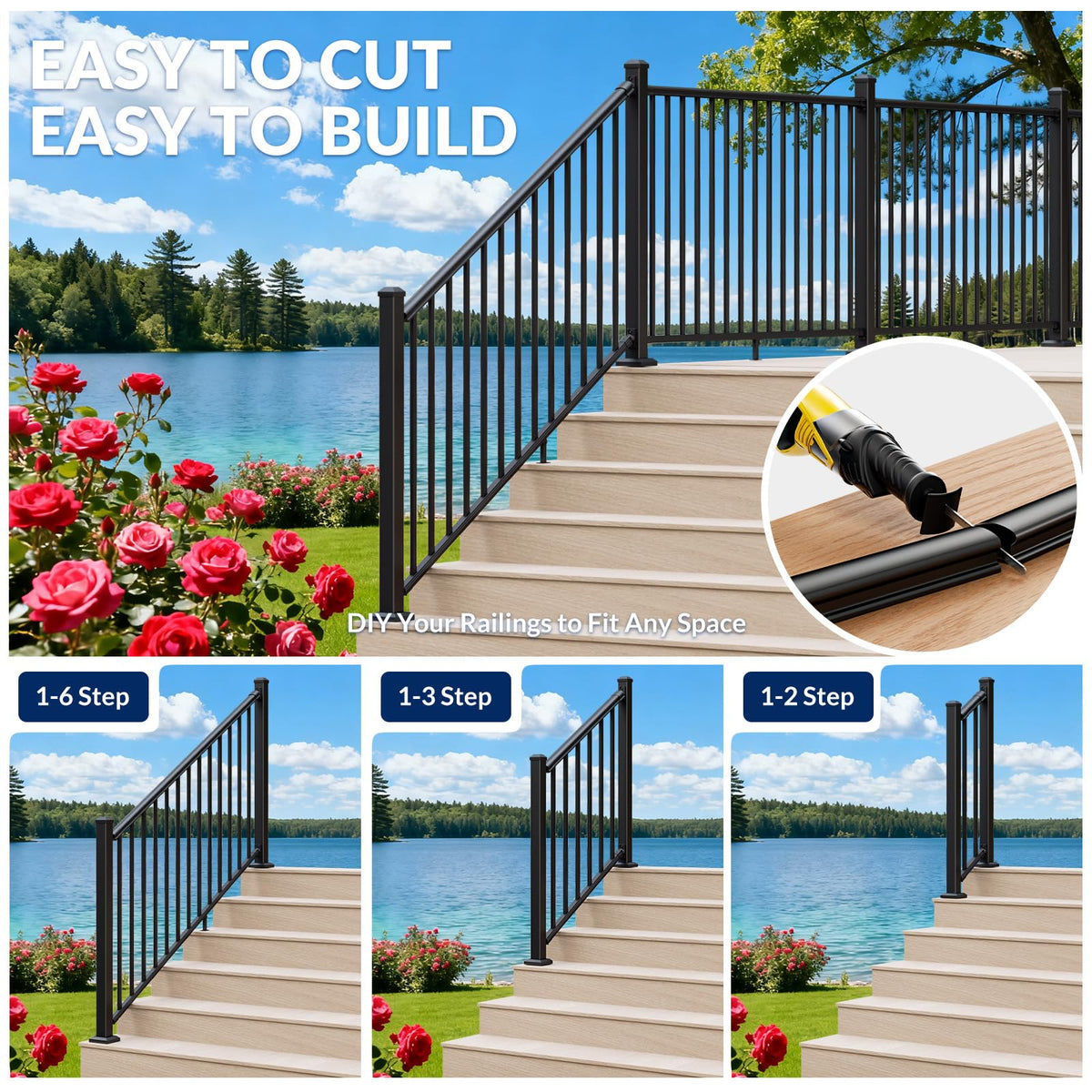 1 Pack 36 in x 6 ft Black Aluminum Stair Railing Kit L2266