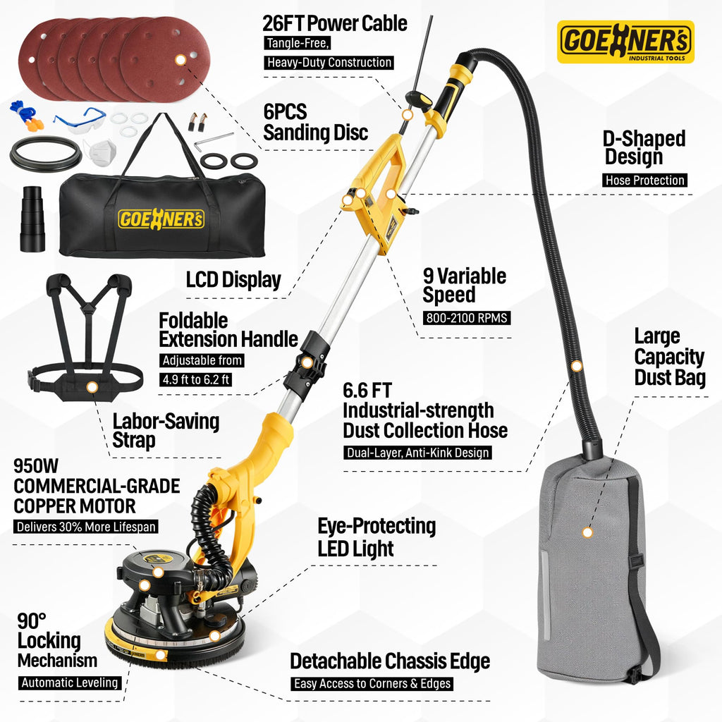 950W Electric Drywall Sander with Vacuum Dust Collector W2638
