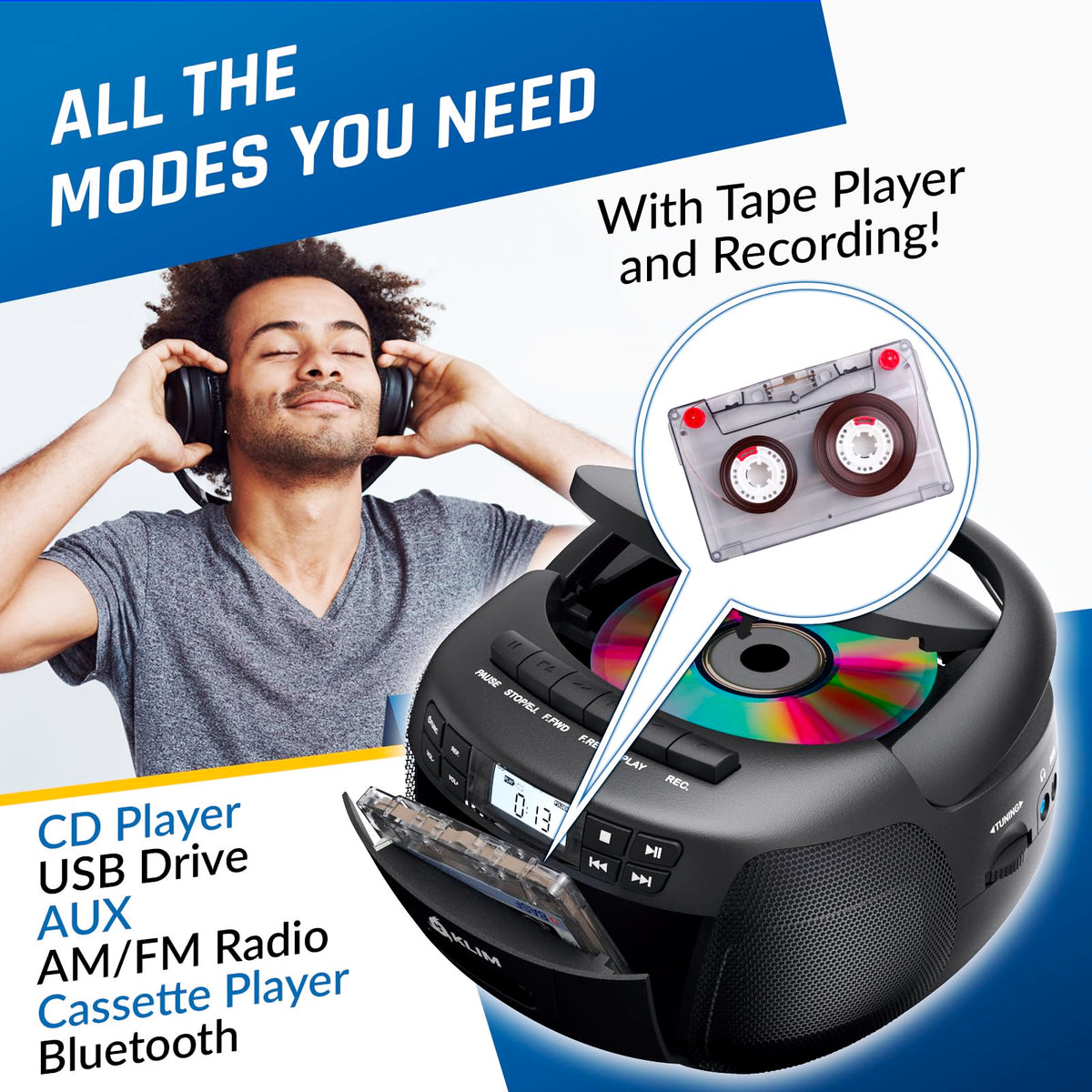CD Cassette Player with Bluetooth AM FM Radio USB Drive H2461