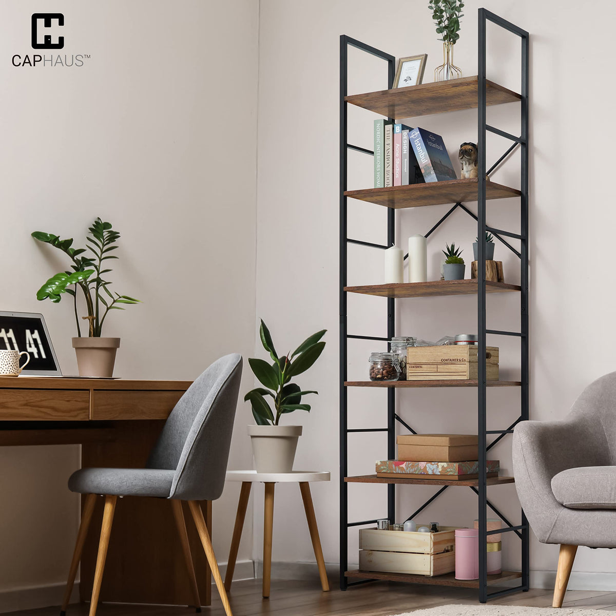 6 Tier 24 Inch Rustic Oak Bookshelf I912