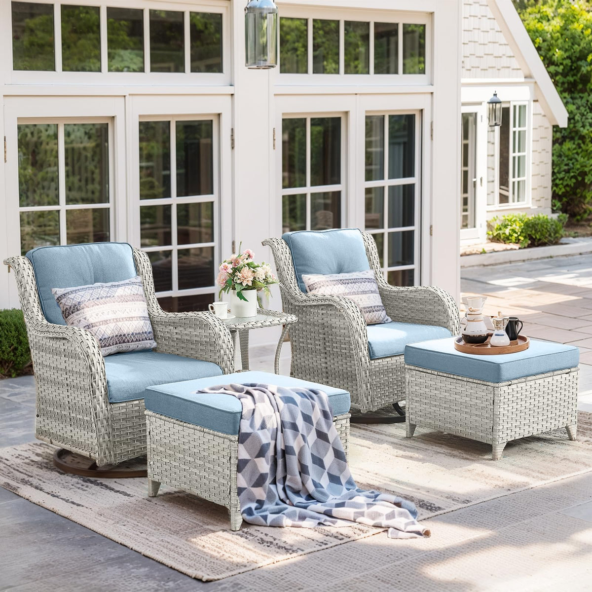 5 Piece Outdoor Swivel Rocker Chairs with Ottomans S736