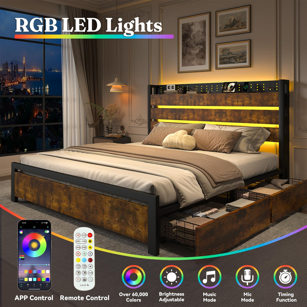 King Size Storage Bed Frame with 4 Drawers, Metal Bed Frame with Headboard Charging Station & Led Lights, Heavy Duty Platform Bedframe, No Box Spring Needed, Noise Free, Easy Assembly, Brown J852