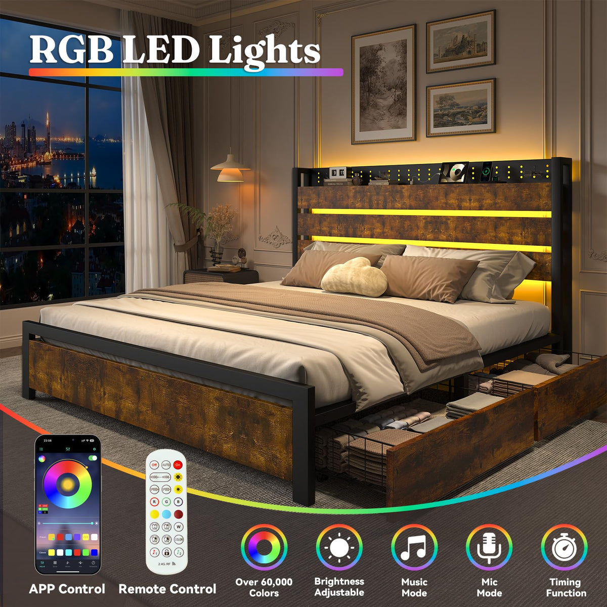 King Size Storage Bed Frame with 4 Drawers, Metal Bed Frame with Headboard Charging Station & Led Lights, Heavy Duty Platform Bedframe, No Box Spring Needed, Noise Free, Easy Assembly, Brown J852