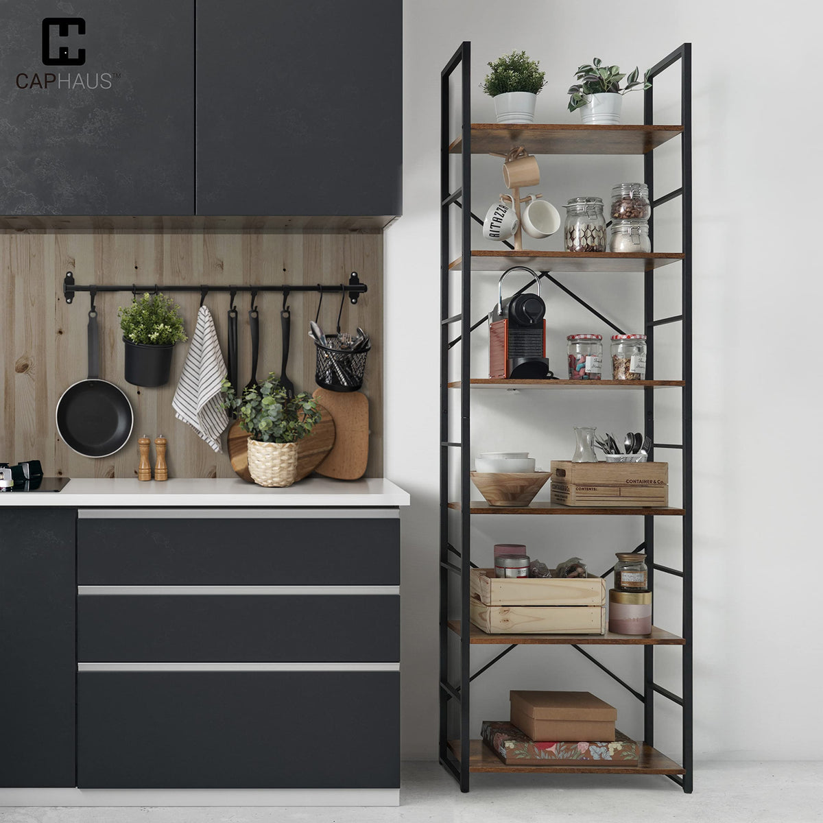 6 Tier 24 Inch Rustic Oak Bookshelf I912