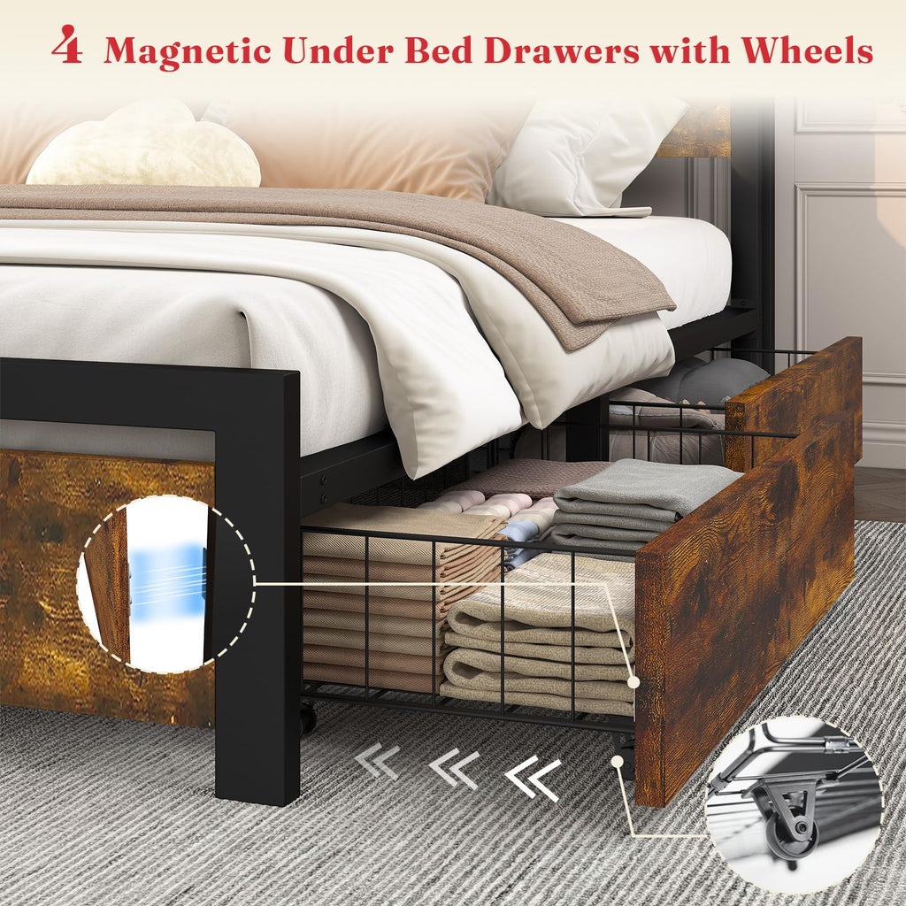 King Size Storage Bed Frame with 4 Drawers, Metal Bed Frame with Headboard Charging Station & Led Lights, Heavy Duty Platform Bedframe, No Box Spring Needed, Noise Free, Easy Assembly, Brown J852