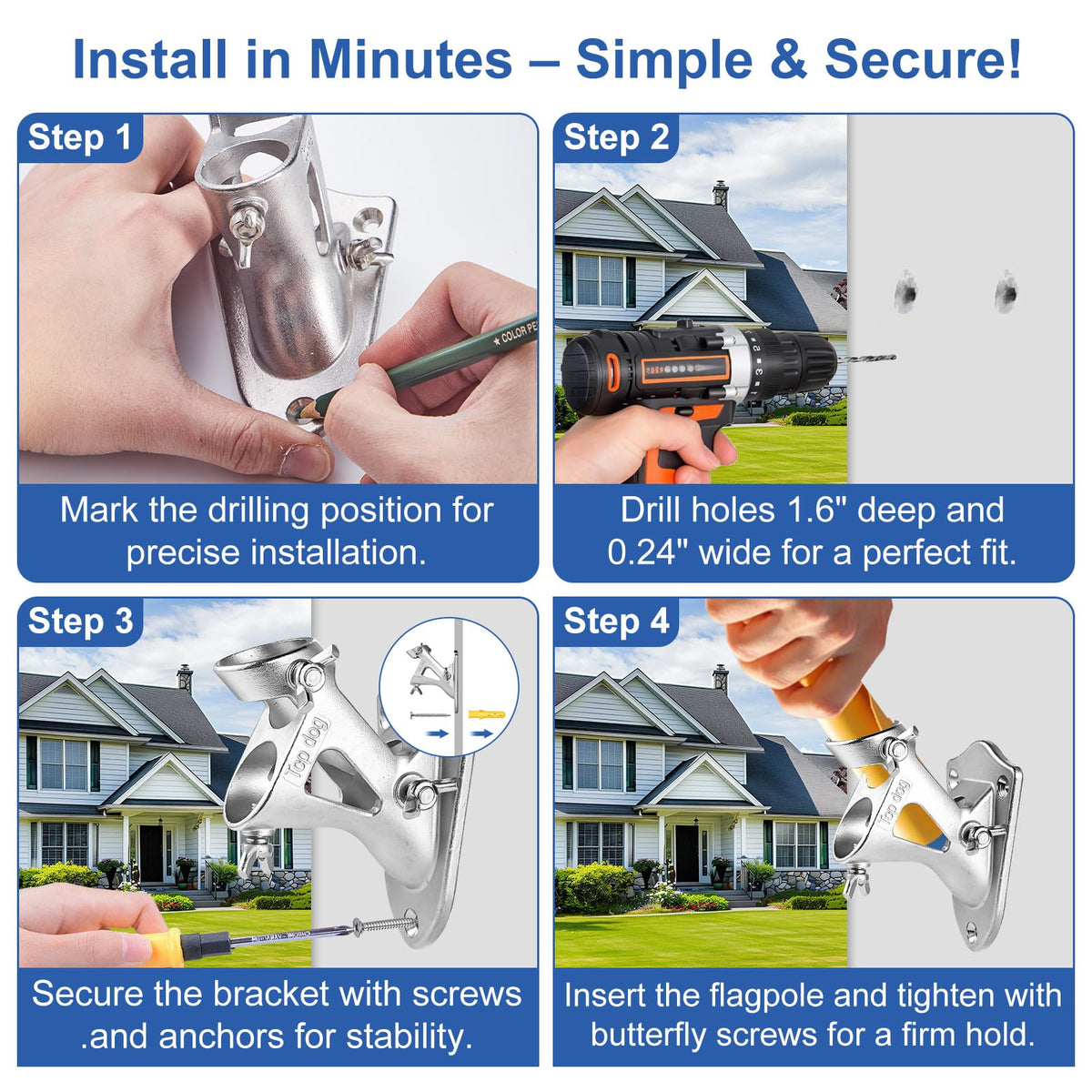 304 Stainless Steel Adjustable Wall Mount Flag Pole Holder Bracket B683
