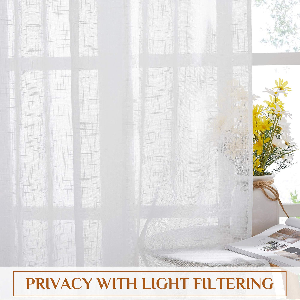 White Sheer Linen Curtains, 2 Panels, W52 x L95 E9175