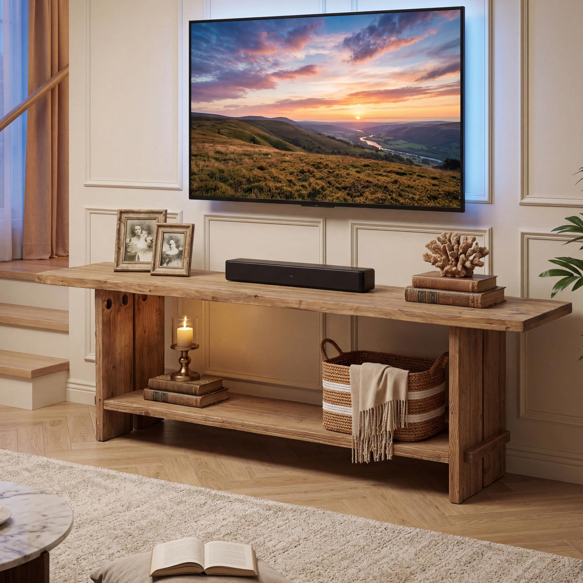 71" Solid Wood 2-Tier TV Stand L9126