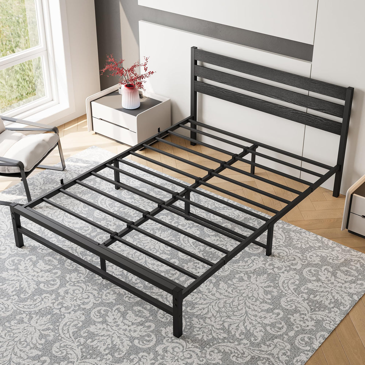 Queen Size Platform Bed Frame with Wood Headboard and Metal Slats, Black W92428