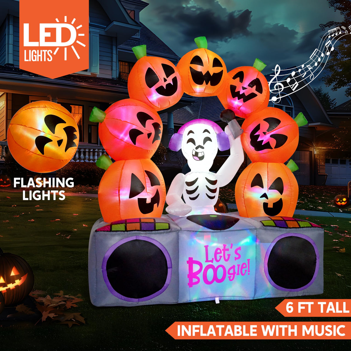 6 FT Inflatable Music Skeleton and Pumpkin with Colorful LEDs G605