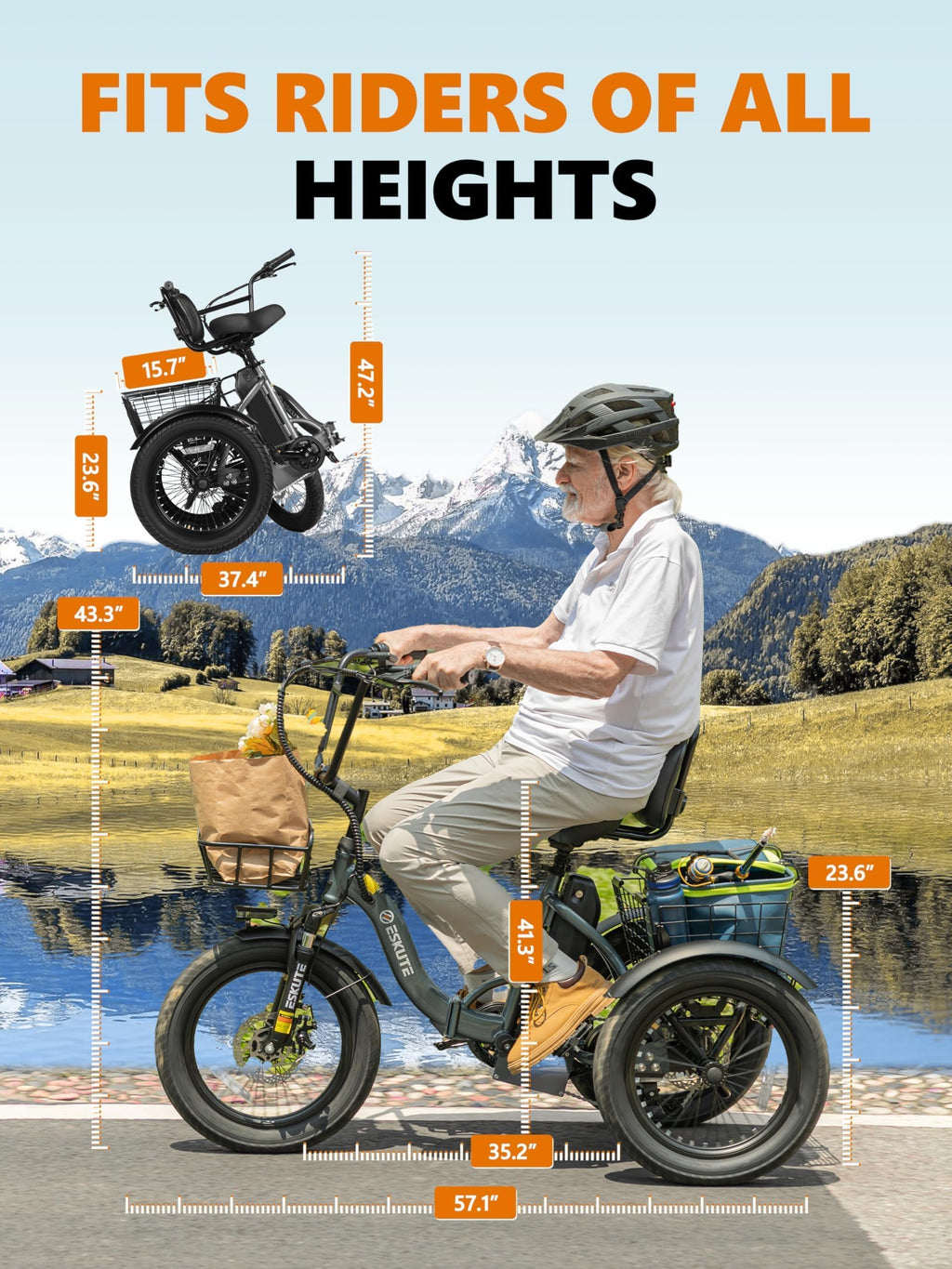 Foldable 3-Wheel Electric Trike Bike with 1200W Peak Motor O8472