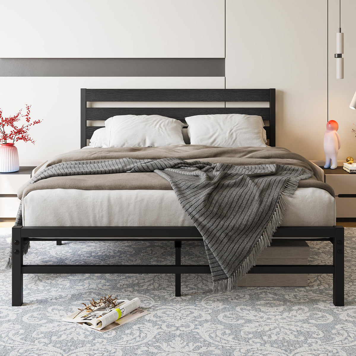 Queen Size Platform Bed Frame with Wood Headboard and Metal Slats, Black W92428