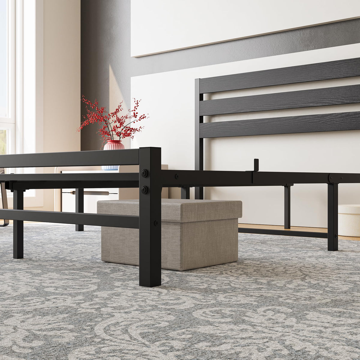 Queen Size Platform Bed Frame with Wood Headboard and Metal Slats, Black W92428