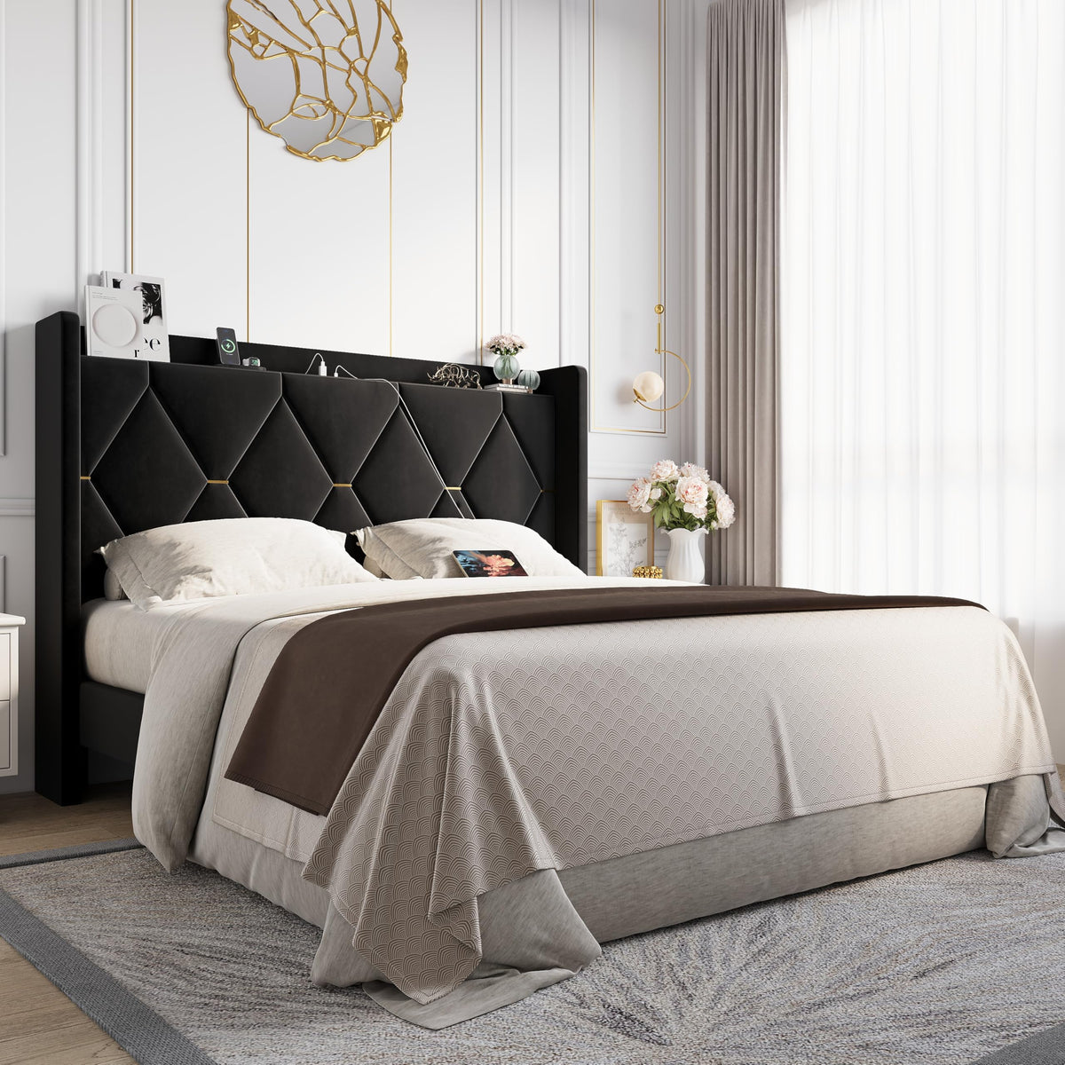Queen Bed Frame with Storage Headboard M78602