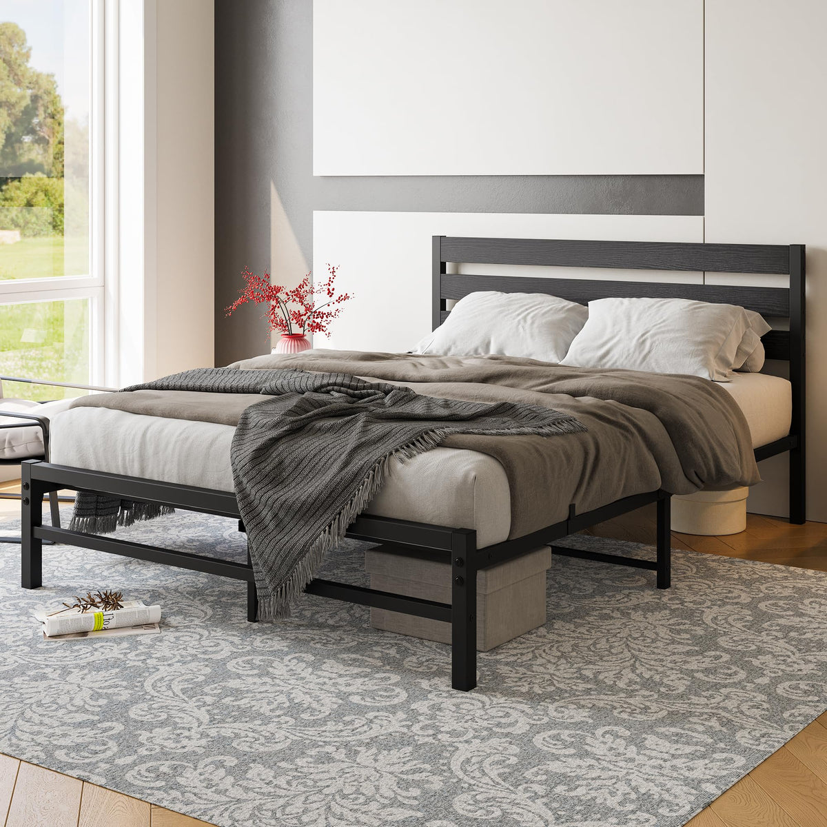 Queen Size Platform Bed Frame with Wood Headboard and Metal Slats, Black W92428